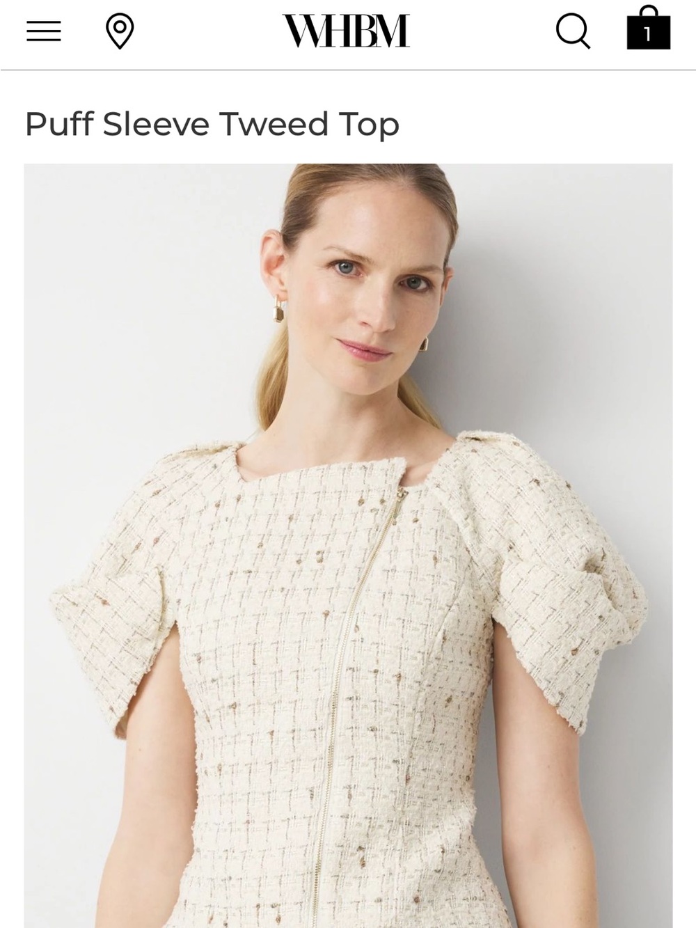White House Black Market Cream Puff Sleeve Tweed Top with Square Neck